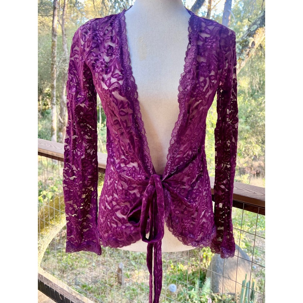 Moda International Burgundy Sheer Floral Lace Tie Front Cardigan Top Small